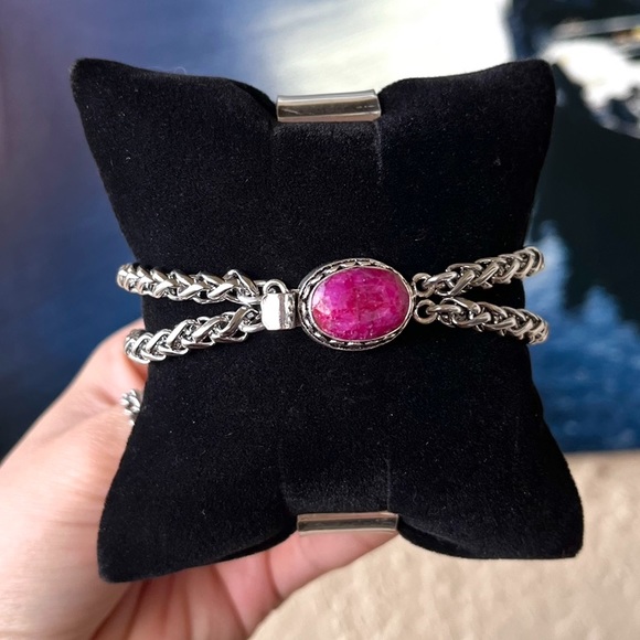Genuine pink indian ruby gemstone stainless steel double chain boho bracelet - Picture 2 of 15